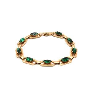 Vintage Green Rhinestone Bracelet Gold Tone Riveted Link 7.5 Inch
